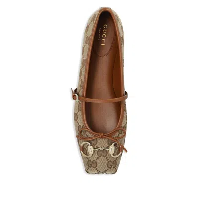 Gucci Women Gg Fabric Ballerinas With Iconic Horsebit In Brown