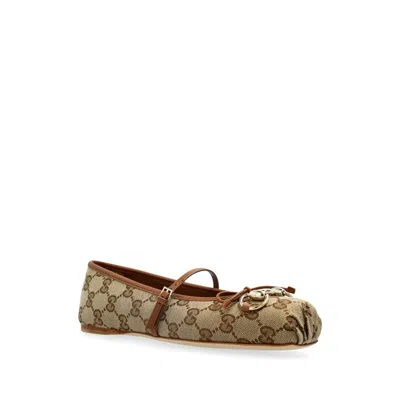 Gucci Women Gg Fabric Ballerinas With Iconic Horsebit In Brown