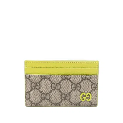 Gucci Men Beige Card Holder With Leather Finishes And All-over Gg Motif In Gg Canvas Man In Brown