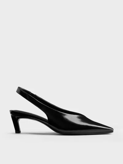 Charles & Keith - Patent Tapered Square-toe Slingback Kitten Heels In Black