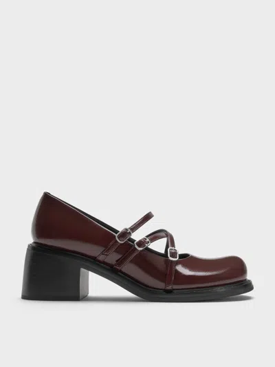 Charles & Keith - Patent Triple-strap Crossover Block-heel Mary Janes In Burgundy