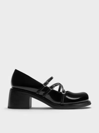 Charles & Keith - Triple-strap Crossover Block-heel Mary Janes In Black