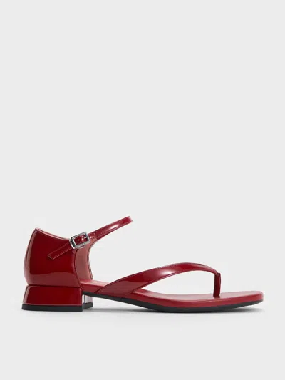 Charles & Keith - Patent Block-heel Ankle-strap Thong Sandals In Red