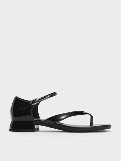 Charles & Keith - Patent Block-heel Ankle-strap Thong Sandals In Black