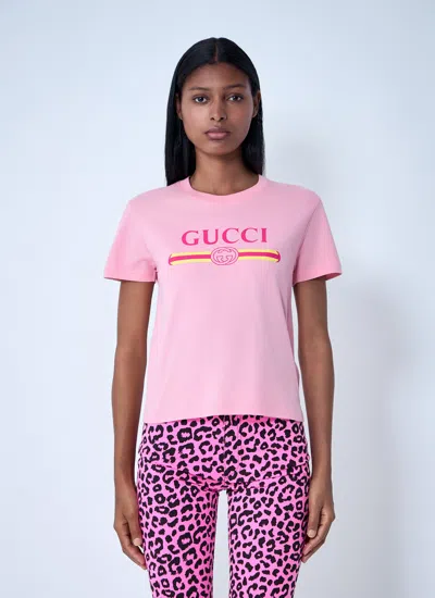 Gucci Women Pink Crewneck T-shirt With Logo Print On The Front In Cotton Woman