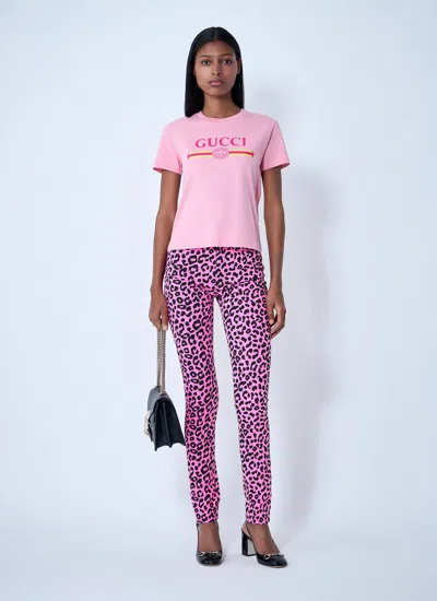 Gucci Women Pink Crewneck T-shirt With Logo Print On The Front In Cotton Woman