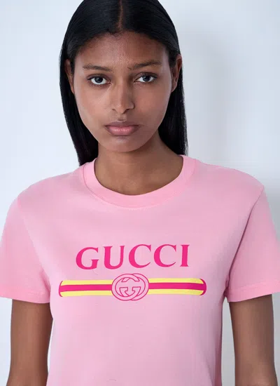 Gucci Women Pink Crewneck T-shirt With Logo Print On The Front In Cotton Woman