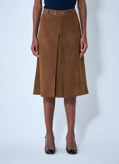 Gucci Women Suede Midi Skirt In Brown