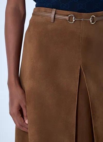 Gucci Women Suede Midi Skirt In Brown