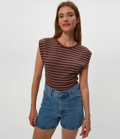 Michael Stars Joni Power Shoulder Tee In Espresso Stripe In Brown