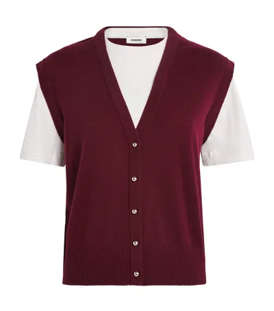 Sandro Womens Bordeaux Two-in-one Short-sleeved Wool And Cashmere Top In Burgundy