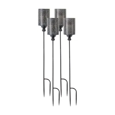 Melrose International Set Of 4 Black Punched Metal Candle Holder Garden Stake
