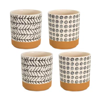 Melrose International Geometric Patterned Pot With Terra Cotta Accent (set Of 4) - Brown, White