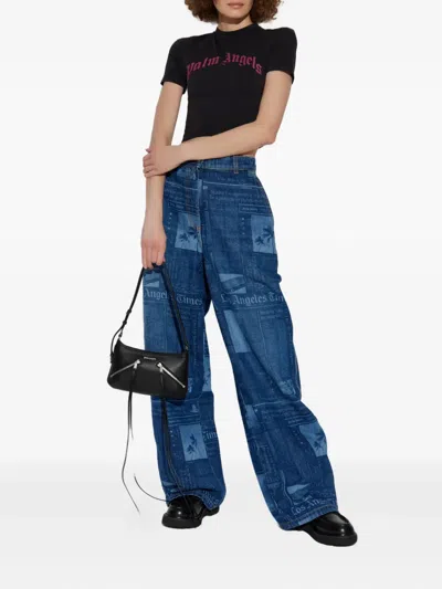 Palm Angels Cropped T-shirt With Gothic Fuchsia Print In Black