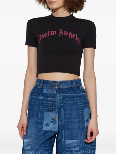 Palm Angels Cropped T-shirt With Gothic Fuchsia Print In Black