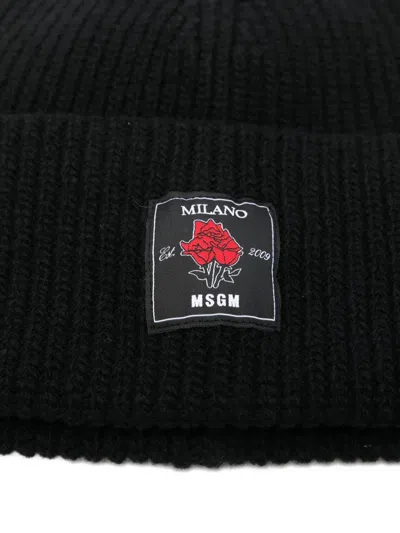Msgm Rose-patch Ribbed Beanie Accessories In Black