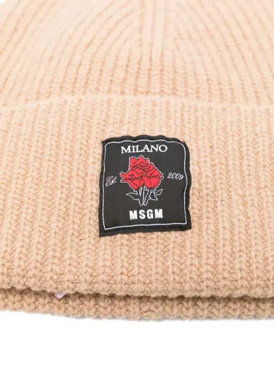 Msgm Ribbed-wool Logo-patch Beanie Hat In Neutral