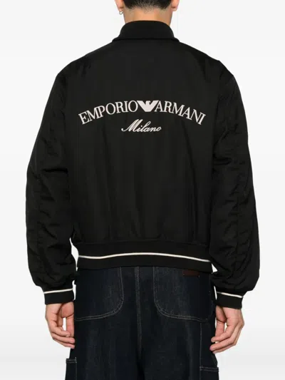 Emporio Armani Nylon Bomber With Logo Embroidery In Black
