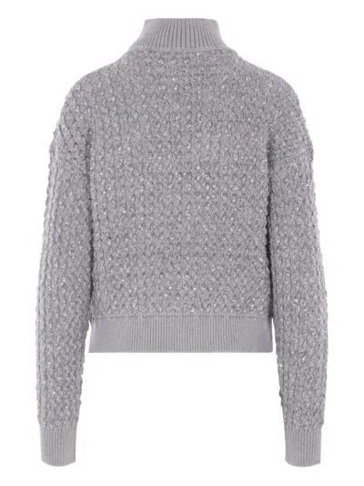 Elisabetta Franchi Cable Knit Tricot Sweater With Sequined Inserts And High Neck In Gray