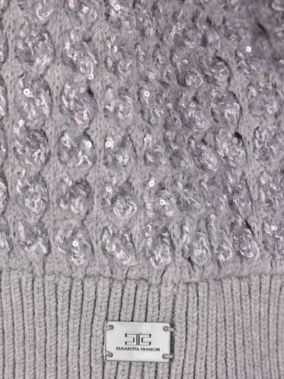 Elisabetta Franchi Cable Knit Tricot Sweater With Sequined Inserts And High Neck In Gray