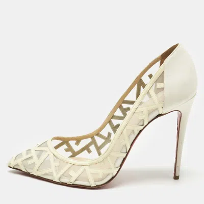 Pre-owned Christian Louboutin Cream Patent Leather And Mesh Tititata Pointed Toe Pumps Size 40 In White