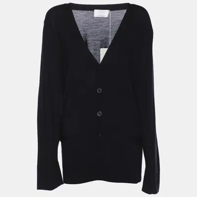 Pre-owned Marina Rinaldi Navy Blue Fleece Wool Knit Button Front Sweater L