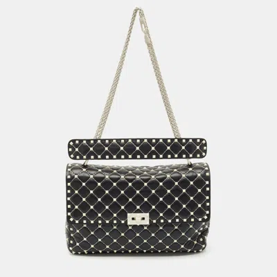 Pre-owned Valentino Garavani Black/white Leather Large Rockstud Spike Top Handle Bag