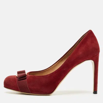 Pre-owned Ferragamo Dark Red Suede Pimpa Vara Bow Platform Pumps Size 41