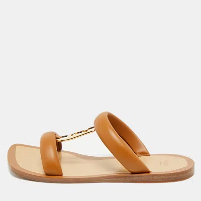 Pre-owned Fendi Brown Leather Buckle Flats Slide Size 38