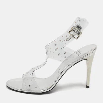 Pre-owned Stuart Weitzman Silver Pvc Crystals Embellished T Strap Sandals Size 39