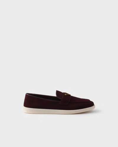 Prada Suede Leather Loafers In Burgundy