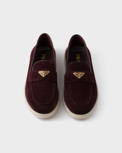 Prada Suede Leather Loafers In Burgundy