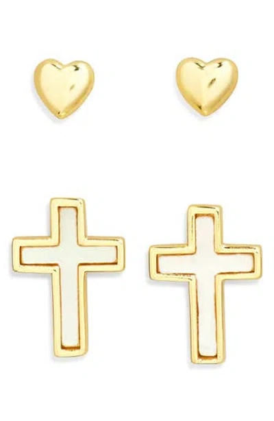 Argento Vivo Set Of 2 Heart & Mother-of-pearl Cross Stud Earrings In Gold
