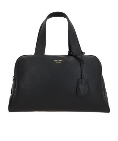 Prada Leather Handbag With Structured Shape And Top Handles In Black