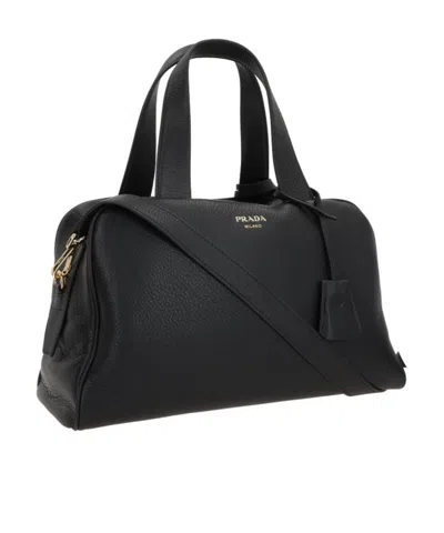 Prada Leather Handbag With Structured Shape And Top Handles In Black