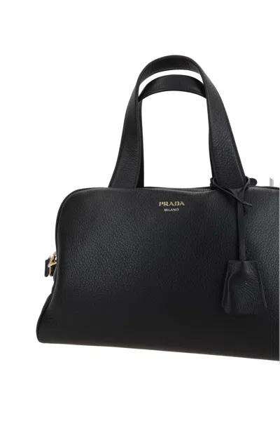 Prada Leather Handbag With Structured Shape And Top Handles In Black