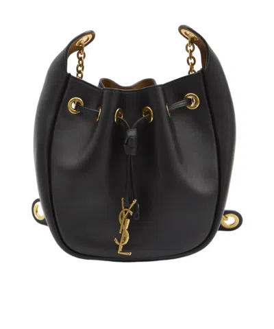 Saint Laurent Cassandre Drawstring Leather Shoulder Bag In Black