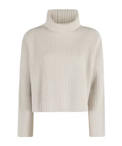 Roberto Collina Turtleneck Sweater With Wide Rib And Contrasting Stitching In Neutral
