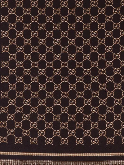 Gucci Patterned Rectangular Wool Scarf In Brown