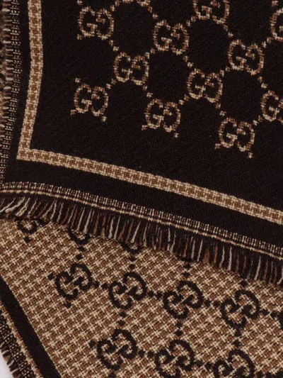 Gucci Patterned Rectangular Wool Scarf In Brown