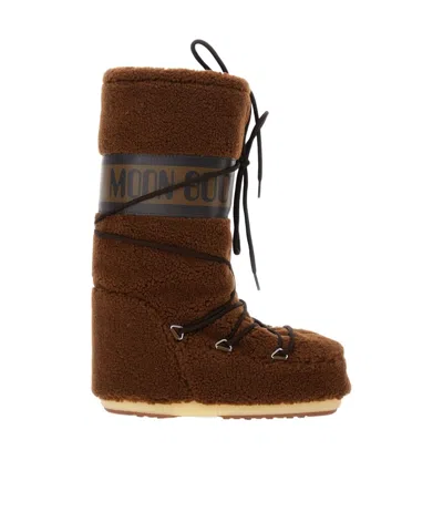 Moon Boot Icon Faux Leather-trimmed Fleece Snow Boots In Brown