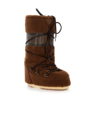 Moon Boot Icon Faux Leather-trimmed Fleece Snow Boots In Brown