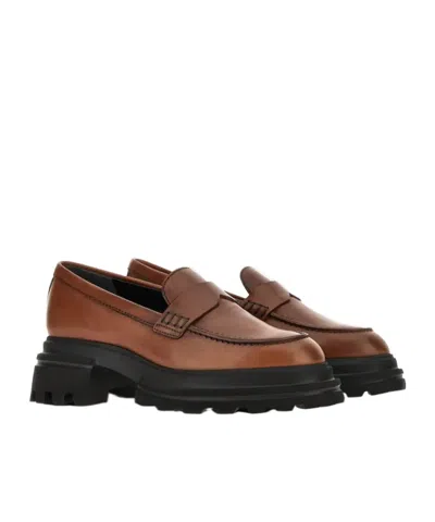 Hogan Round Toe Brown Leather Moccasin With Soft Insole And Eva Sole In Brown