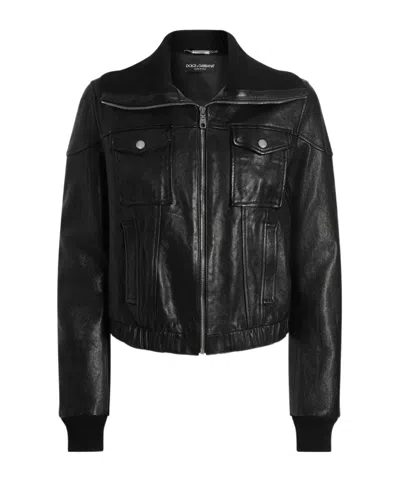 Dolce & Gabbana Black Lamb Leather Jacket With Ribbed Detailing In Black