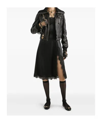 Dolce & Gabbana Black Lamb Leather Jacket With Ribbed Detailing In Black