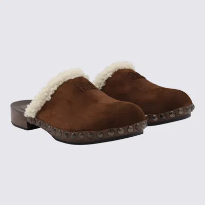 Miu Miu Suede Shearling-lined Clogs In Brown