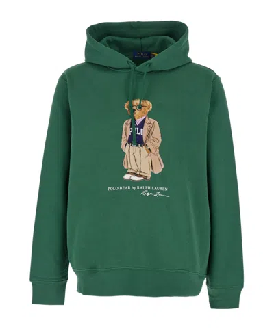 Polo Ralph Lauren Green Hoodie With Drawstring Hood And Logo Print On The Front In Cotton Blend Man In Green
