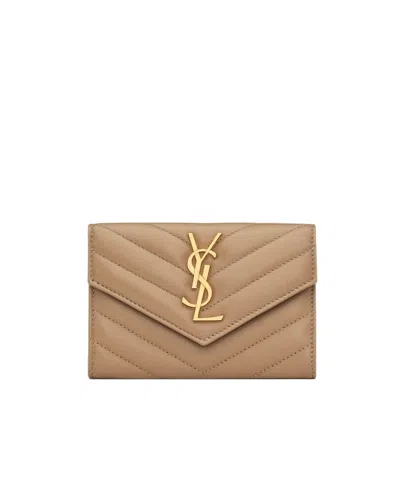 Saint Laurent Small Leather Cassandre Envelope Wallet In Brown