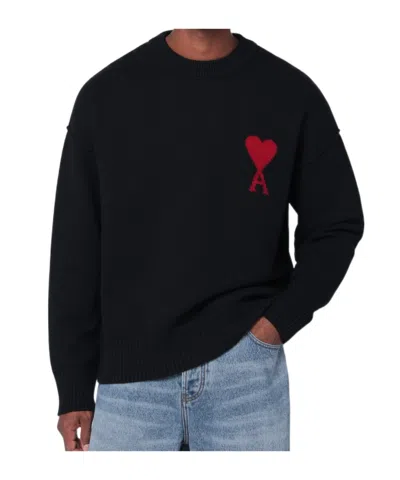 Ami Alexandre Mattiussi Relaxed Fit Black Wool Turtleneck Sweater With Graphic Heart Motif In Black