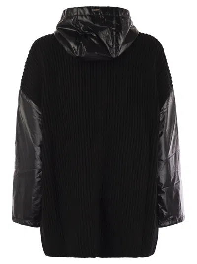 Herno Ribbed Wool Cape With Drawstring Hood And Contrasting Sleeves In Black
